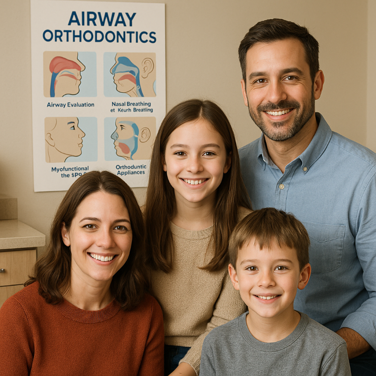 Smiling family in Frisco of four in a warm, natural color dental office standing in front of an airway orthodontics poster, representing parent guided, evidence based airway evaluations at Elate Orthodontics.