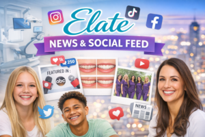 Elate News & Social Feed banner showing orthodontic team photos, patient smile images, community events, and social media-style updates for Elate Orthodontics in Frisco, Texas.”
