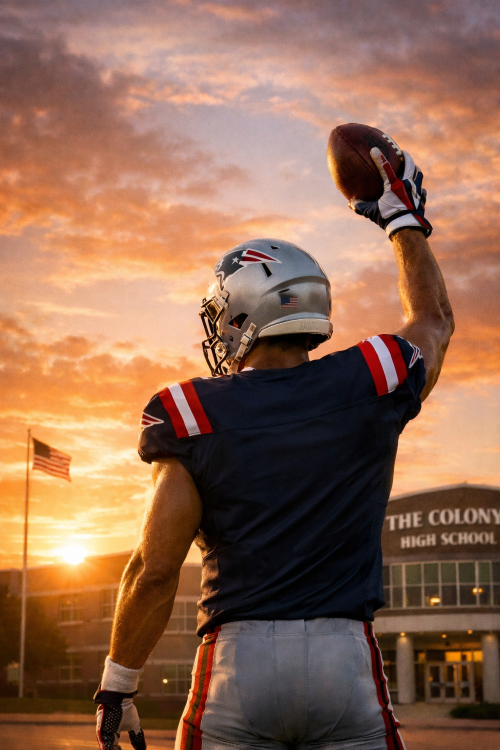 American football player in a New England Patriots uniform holding a football high at sunset in front of The Colony High School, symbolizing determination, local pride, and student inspiration.