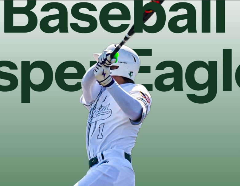 Baseball player in a white uniform mid-swing, bat raised, with large dark green text in the background.